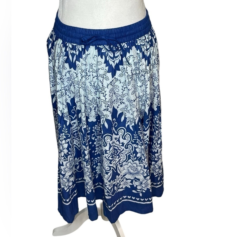 J Gee vintage midi twirl skirt, cotton, floral abstract print, blue & white Sz L